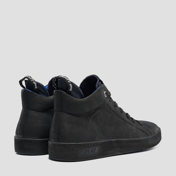 Replay Brightoon Lace-Up Mid-Cut Black-Leather Sneakers