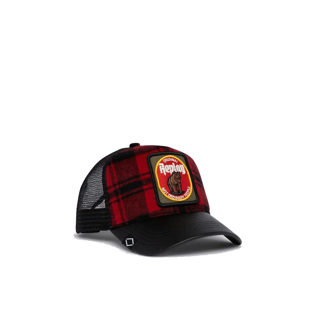Replay Cap With Bill In Checked Wool With Bear Patch